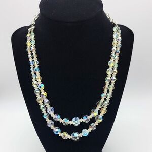 VTG Elegant 2 Strand Silver Crystal AB Aurora Borealis Necklace 15-18" Extender